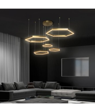 kelvo® LEXAGON KLV-101-0180 Κρεμαστό Φωτιστικό Οροφής LED 120W 12000lm 200° AC 220-240V IP20 Ρυθμιζόμενο Λευκό CCT με Χειριστήριο από 2700K έως 6000K Dimmable - Lumileds SMD Chip - Χρυσό Πλατίνα - Μ110 x Π90 x Υ110cm - 3 Χρόνια Εγγύηση